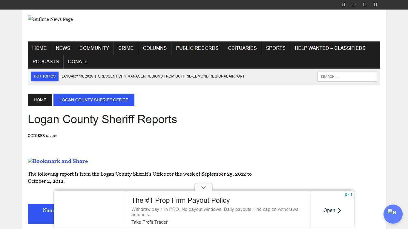 Logan County Sheriff Reports – Guthrie News Page